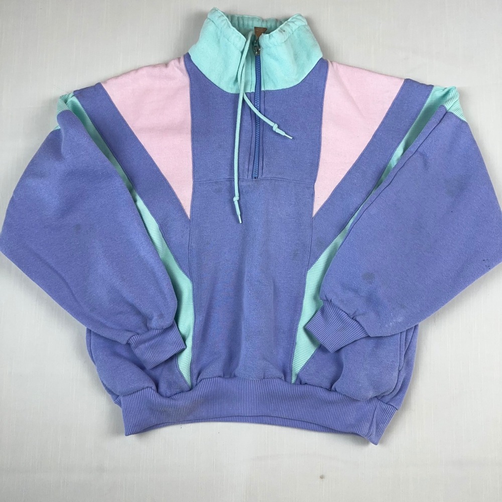 Casual Isle Vintage 80s Colorblock Quarter Zip Sweatshirt Purple Pink Mint M